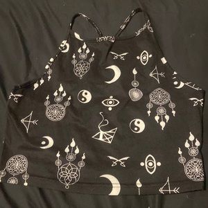 Black Halter neck ting yang dream catcher crop top